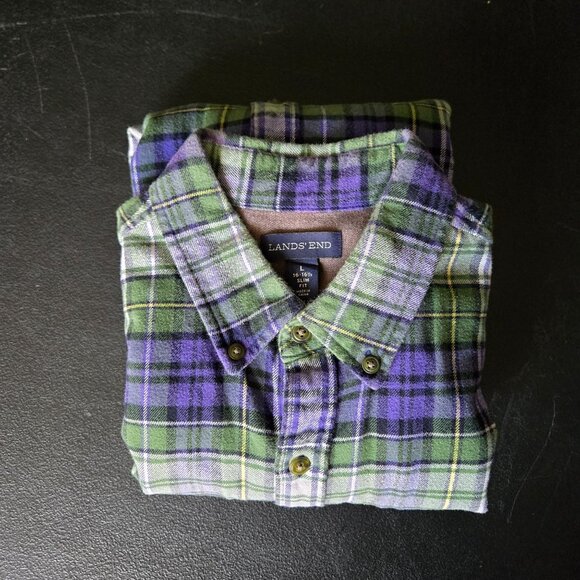 Lands End Mens Slim Fit Plaid Flannel Button-Up Shirt 16-16.5 L Green & Purple O - Picture 11 of 11